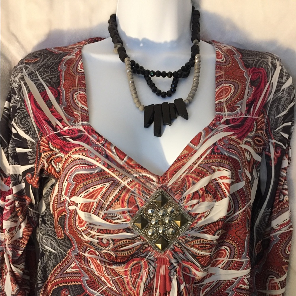 Style TOP/Blouse- Paisley Red/white/grey jeweled
